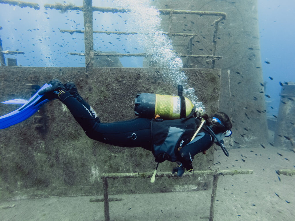 scuba diver at um el faroud wreck malta with small schooling fish