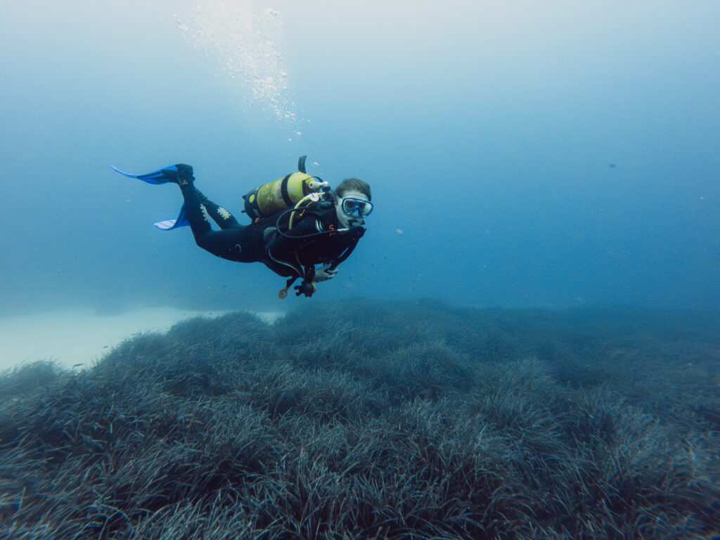 woman scuba diver in blue over seagrass and sand