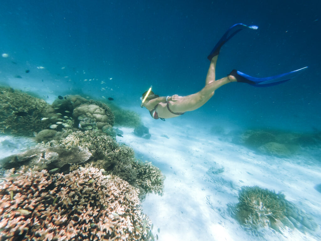 snorkeler in bikini near coral reef