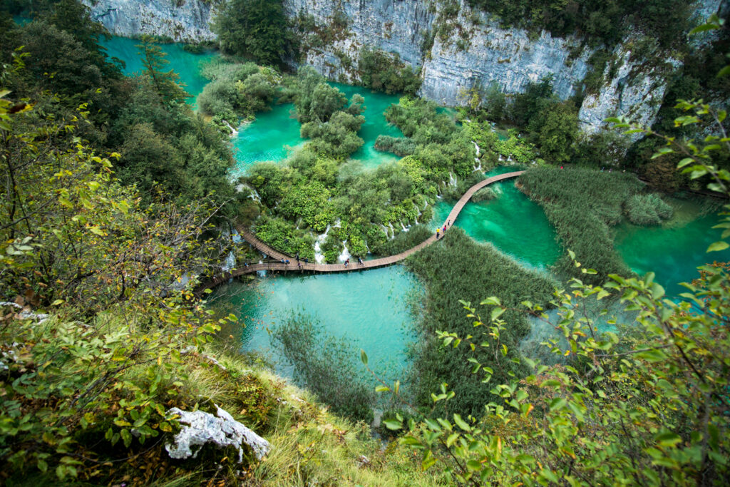 plitvice lakes national park from above waterfalls and boardwalks