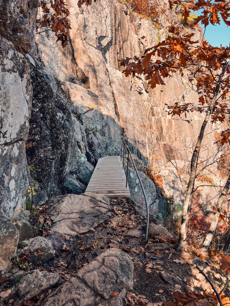 bridge on hiking trail on a cliff in acadia